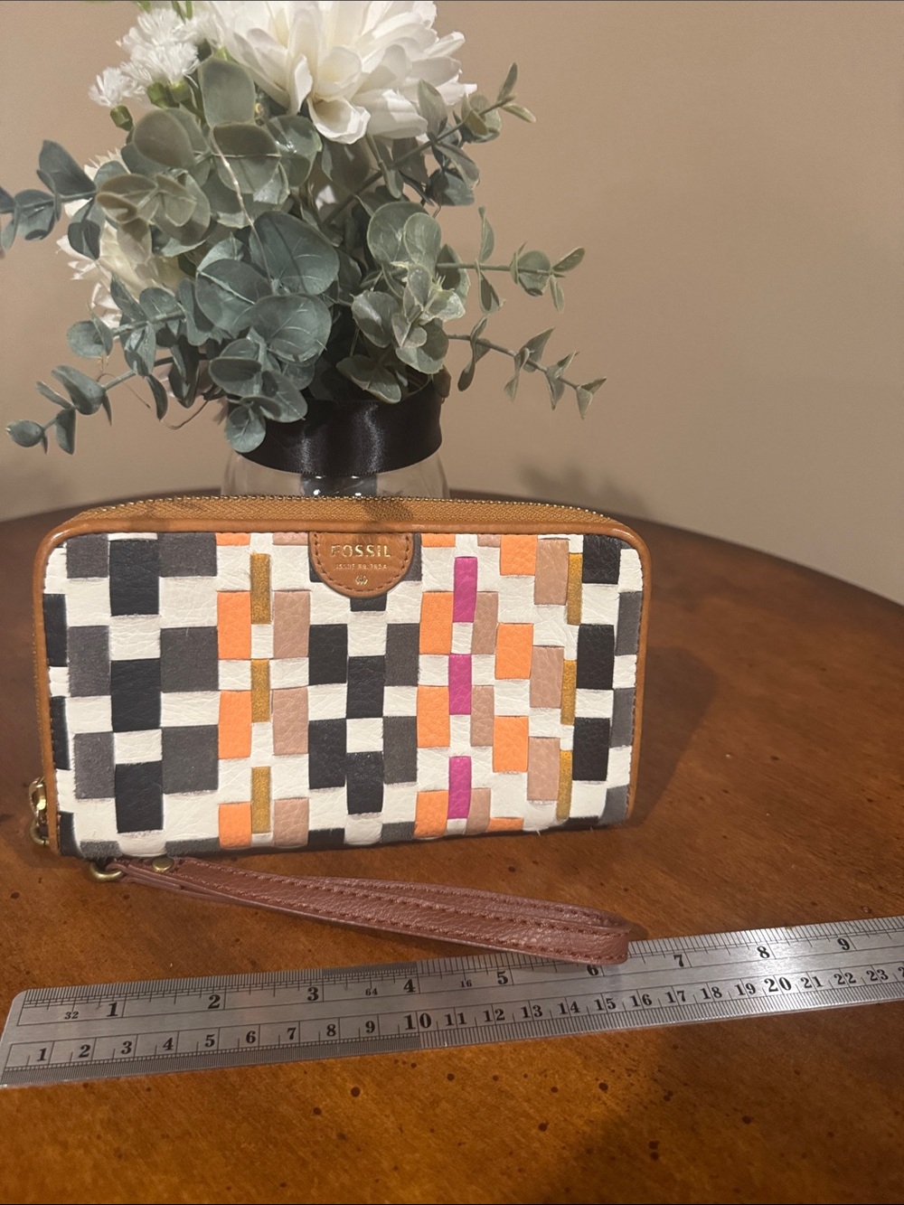 Fossil Multicolor Woven Checker Zip Wallet with Brown Trim